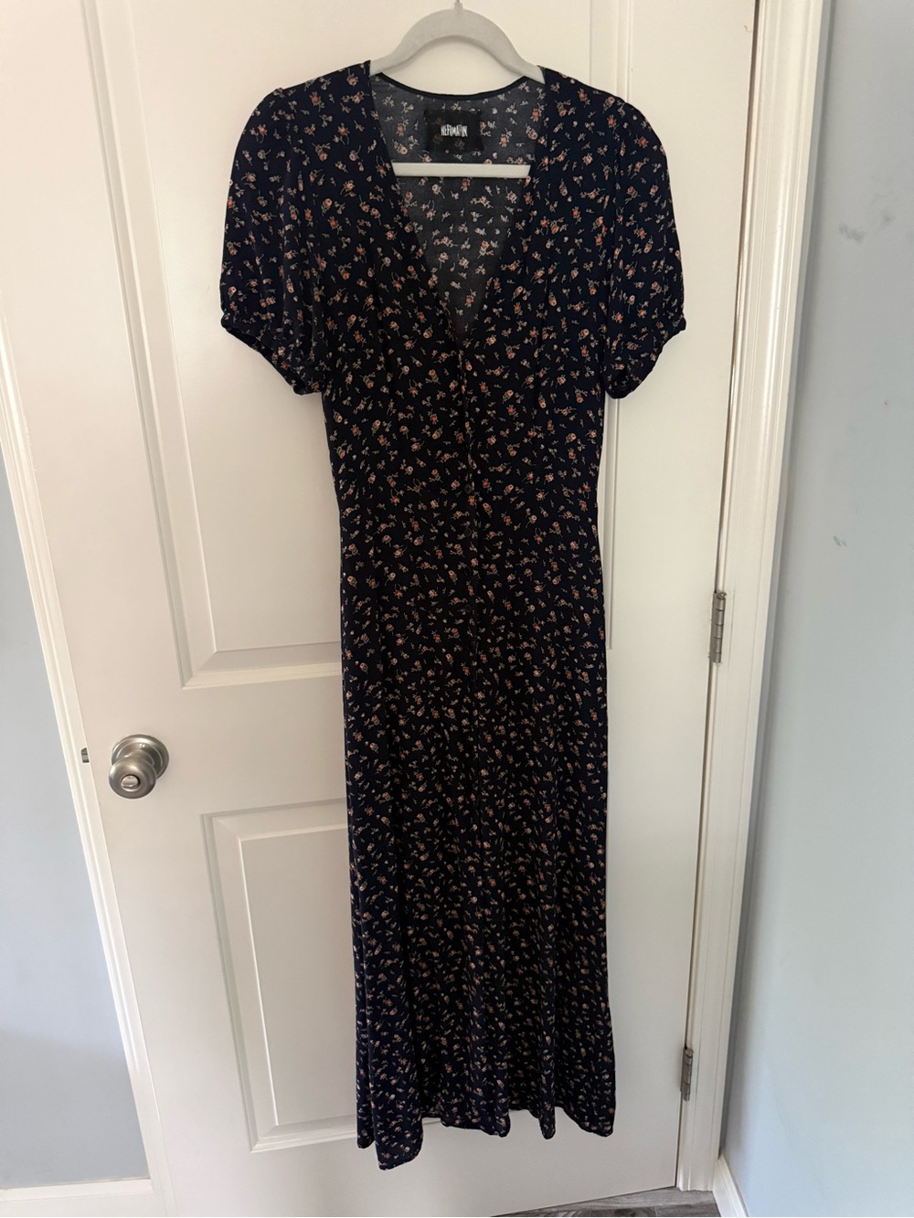 Reformation Navy Maxi Dress with Peach Floral Print